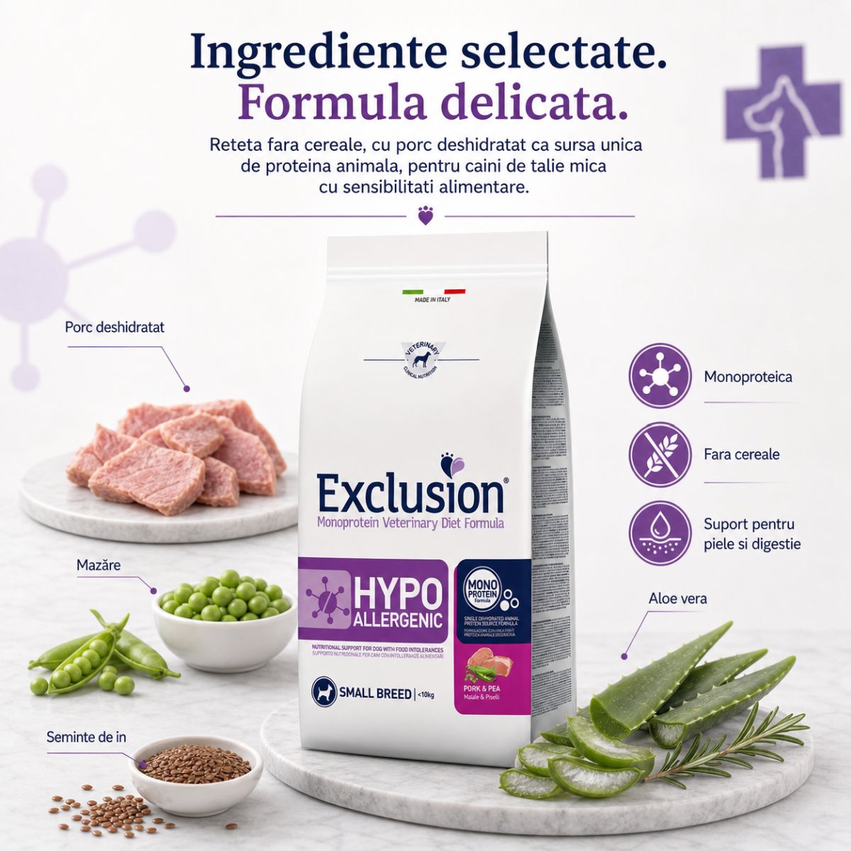 EXCLUSION Monoprotein VD Hypoallergenic Small, XS-S, Porc și Mazăre, dietă veterinară, hrană uscată fără cereale câini, alergii, 2kg - imagine 5